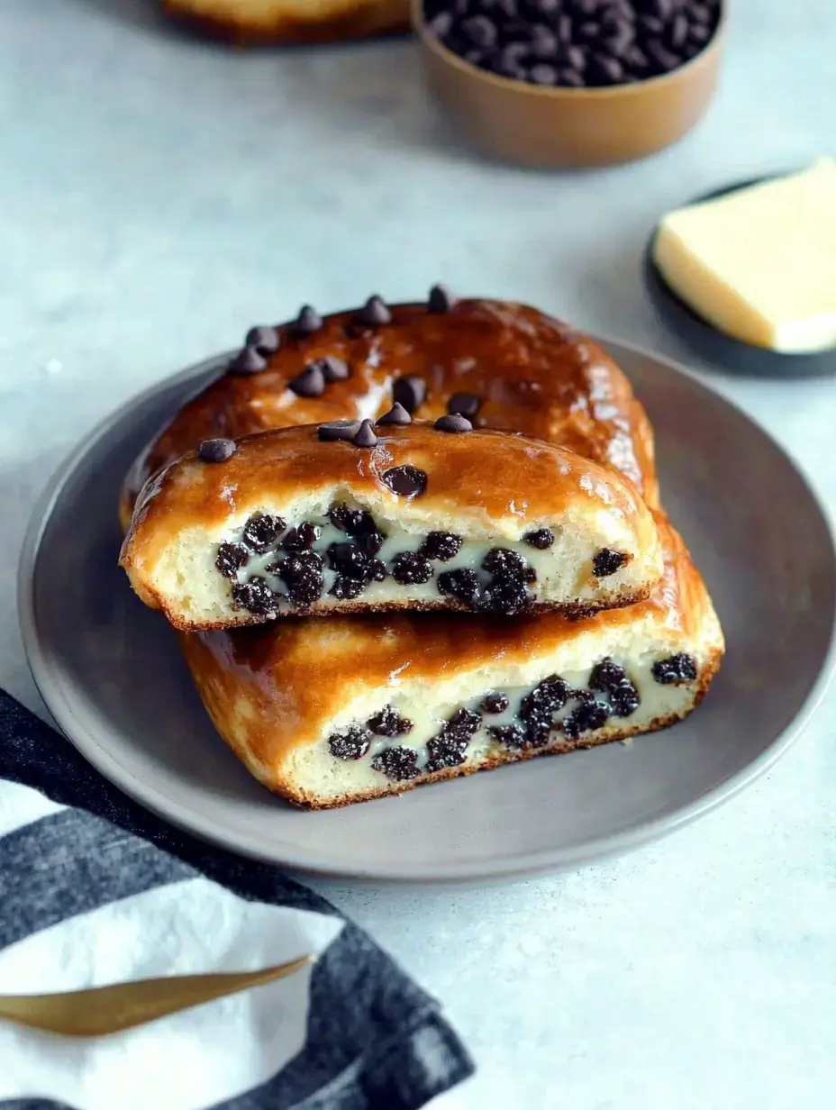 A plate holds two cut pieces of a chocolate chip pastry, with chocolate chips sprinkled on top, accompanied by a bowl of chocolate chips and a piece of butter.