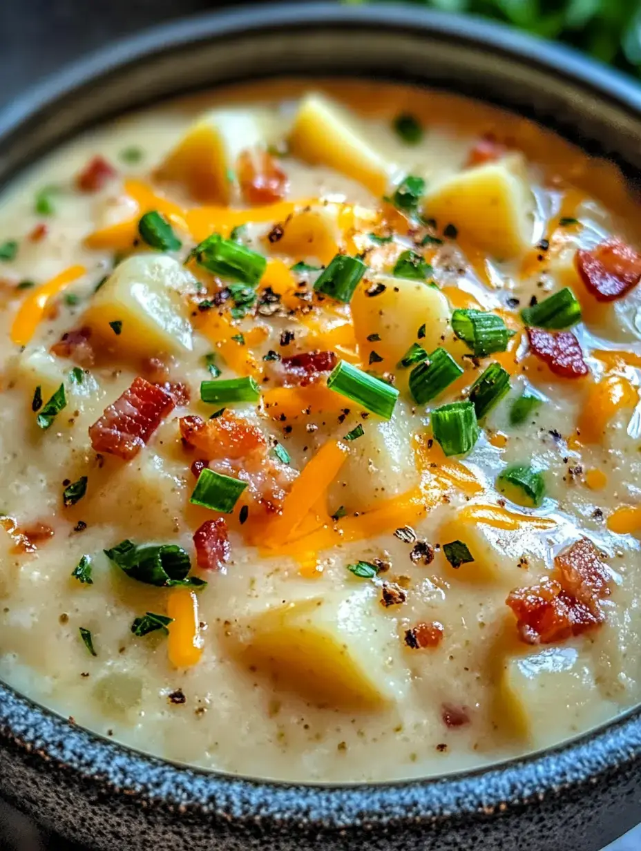 A close-up of a creamy potato soup topped with cheese, bacon bits, and chopped green onions in a dark bowl.