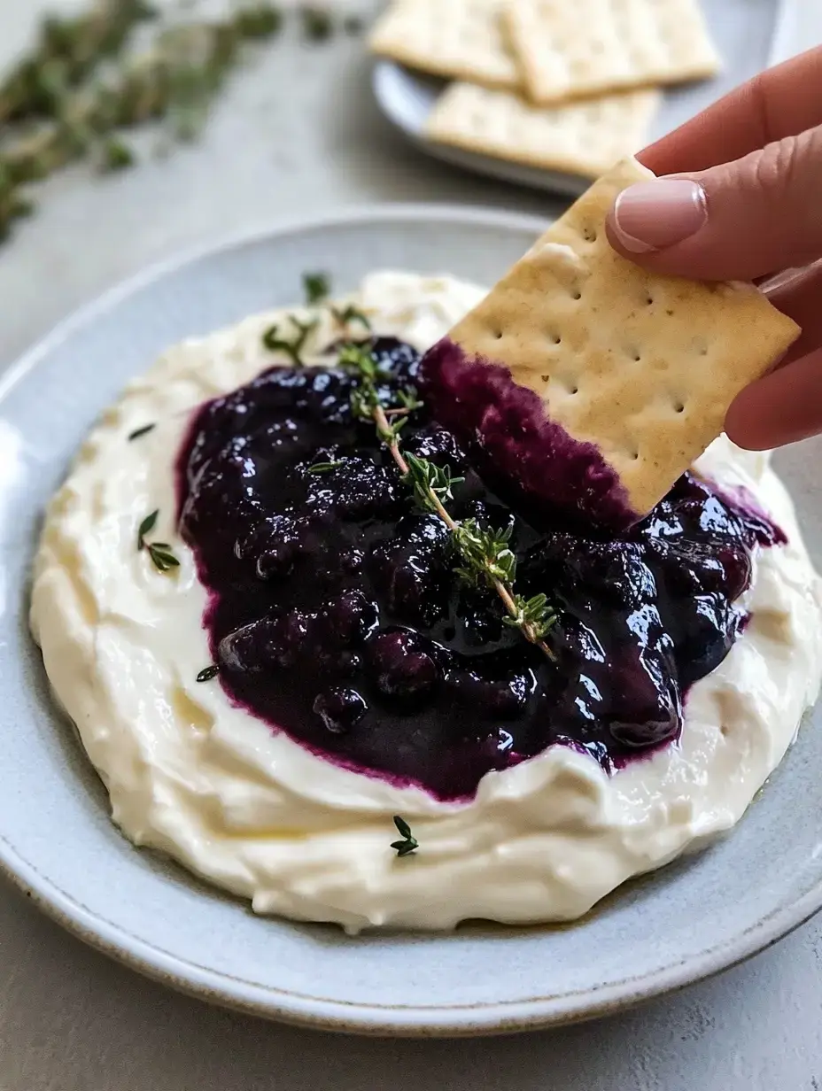 A cracker is dipped into a creamy white spread topped with dark berry compote and garnished with fresh thyme.