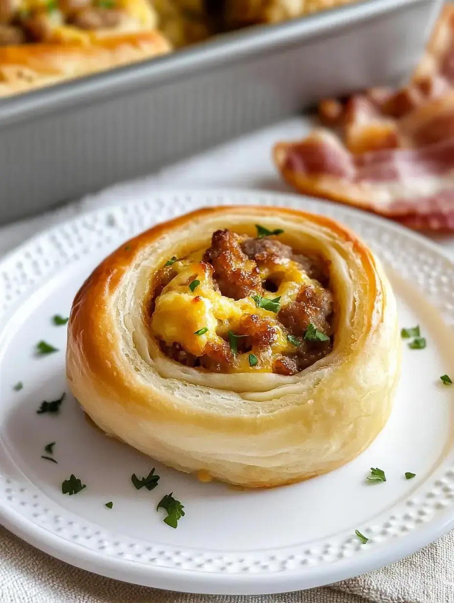 A flaky pastry filled with sausage, cheese, and garnished with parsley sits on a decorative plate.