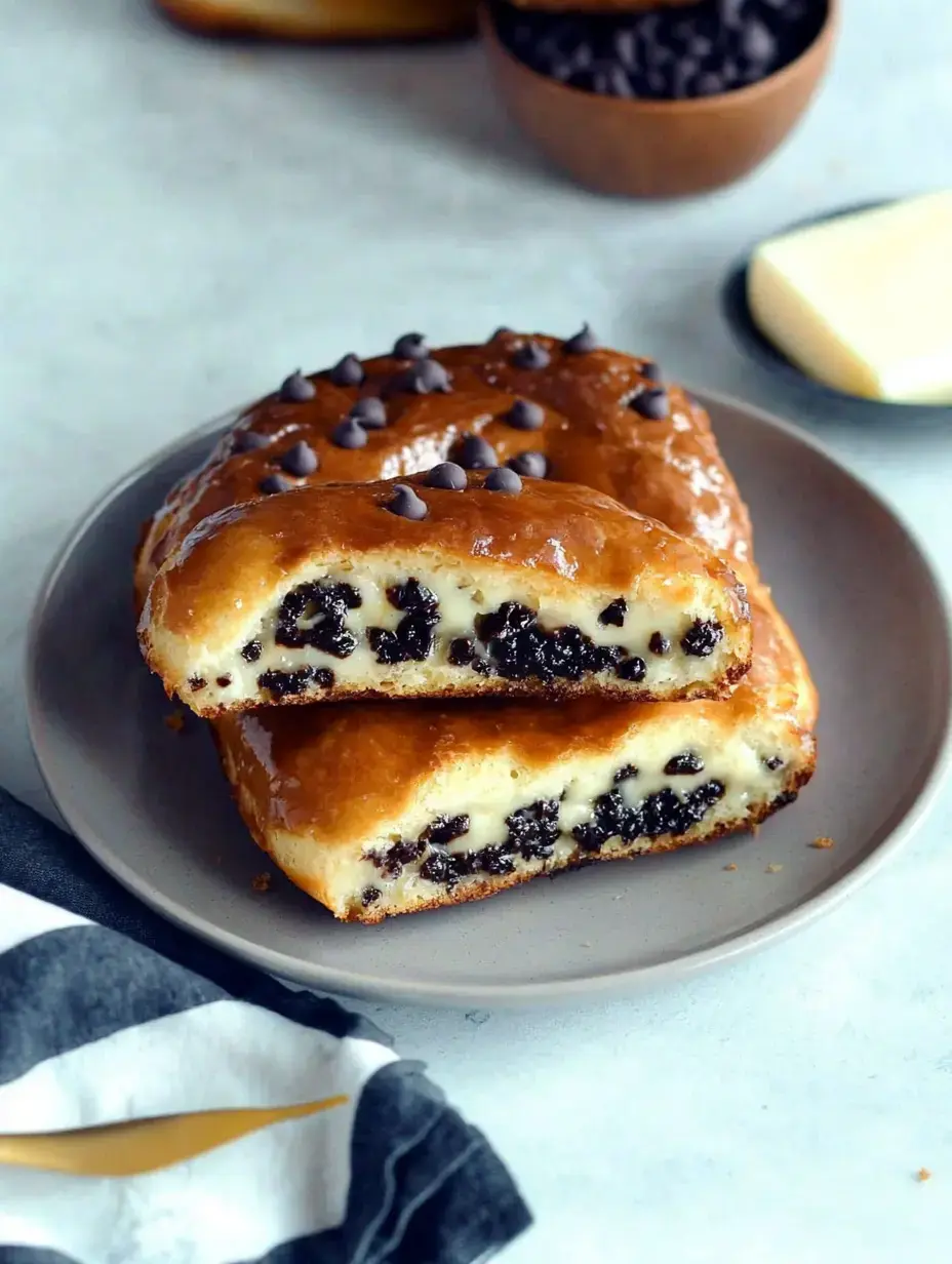 A plate featuring two layers of sweet pastry filled with a creamy mixture and chocolate chips, garnished with more chocolate chips on top.