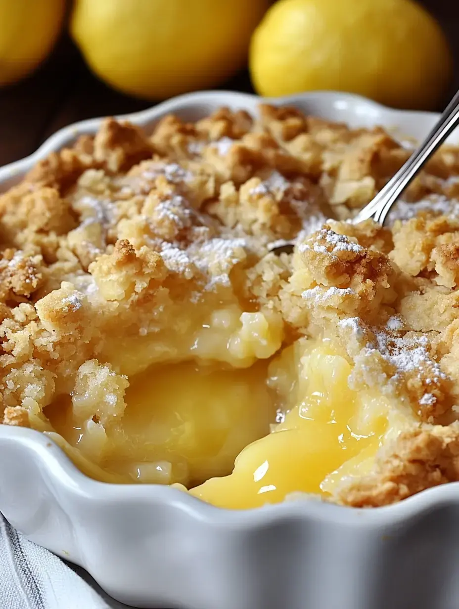 A close-up of a lemon crumble dessert in a white dish, with a spoon and a gooey lemon curd filling visible.