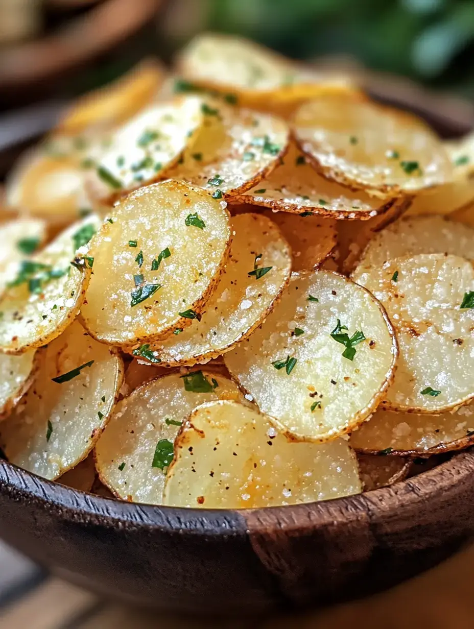 A close-up of a wooden bowl filled with golden, crispy potato chips garnished with fresh herbs.