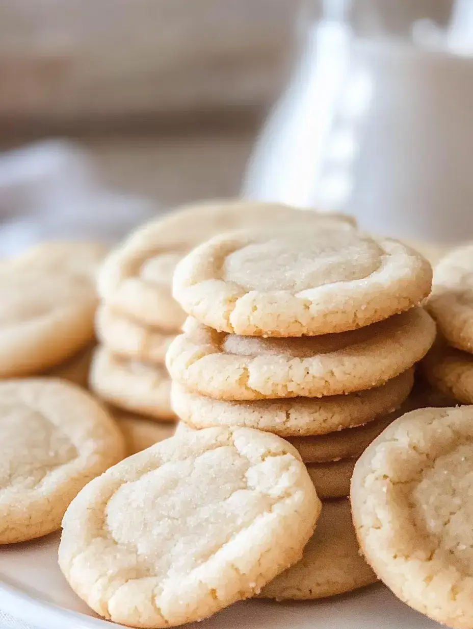 A plate stacked with freshly baked, round, pale sugar cookies.