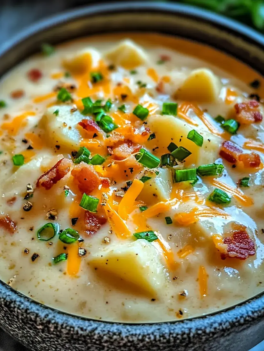 A creamy potato soup topped with crispy bacon, shredded cheese, and chopped green onions in a textured bowl.