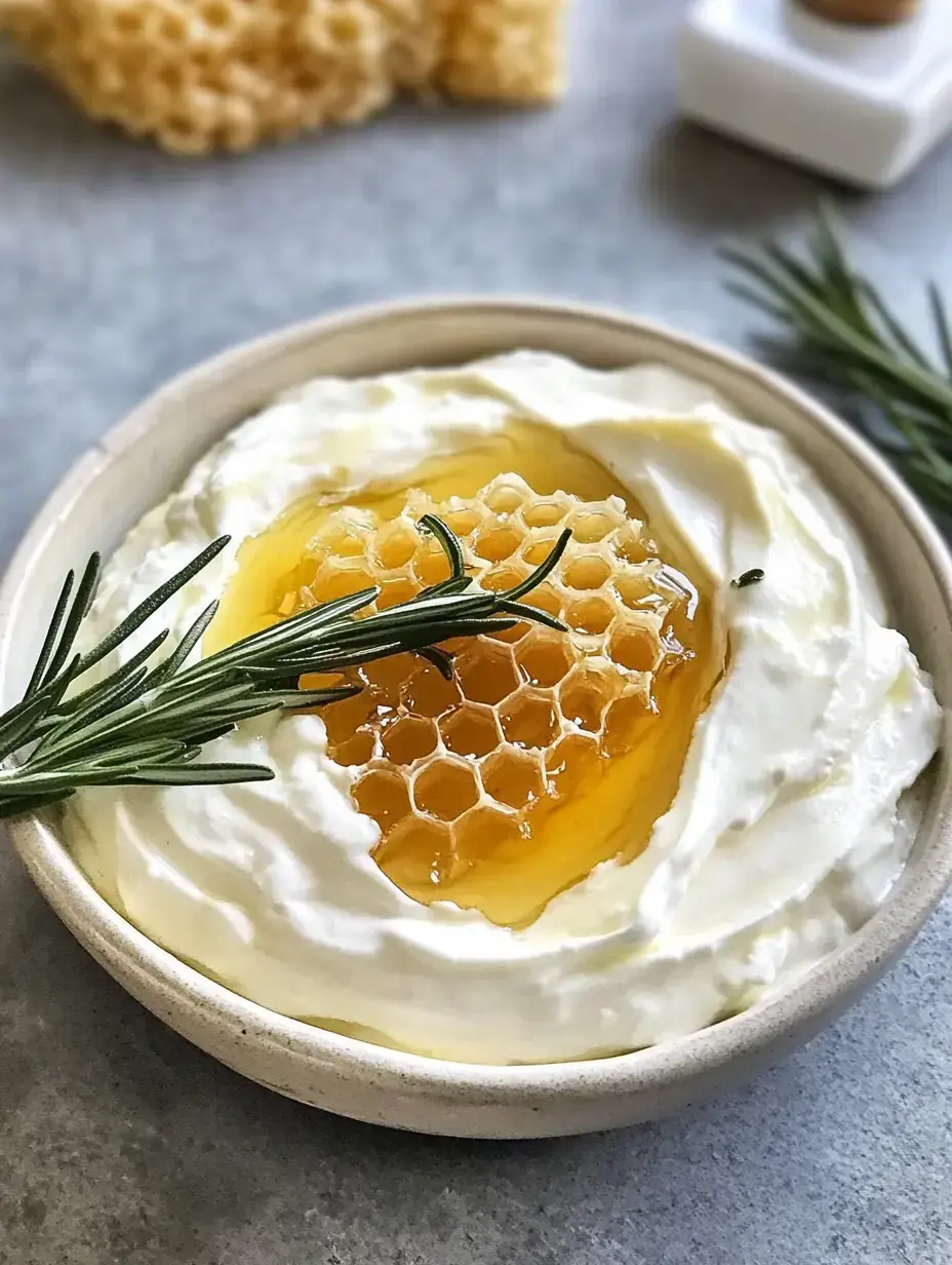 A bowl of creamy yogurt topped with honeycomb and drizzled with honey, garnished with rosemary.