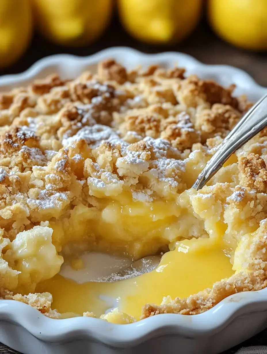 A close-up of a lemon dessert with a crispy topping and a creamy, lemony filling, partially served with a spoon.