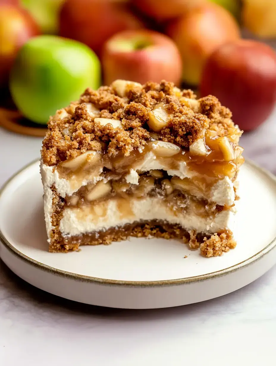 A slice of apple crumble cheesecake sits on a plate, revealing layers of creamy filling, baked apples, and a crumbly topping, with fresh apples in the background.