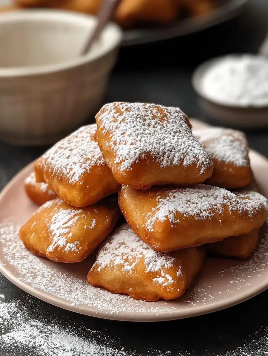 A stack of golden, powdered sugar-dusted pastries on a pale pink plate, with a blurred bowl and more pastries in the background.