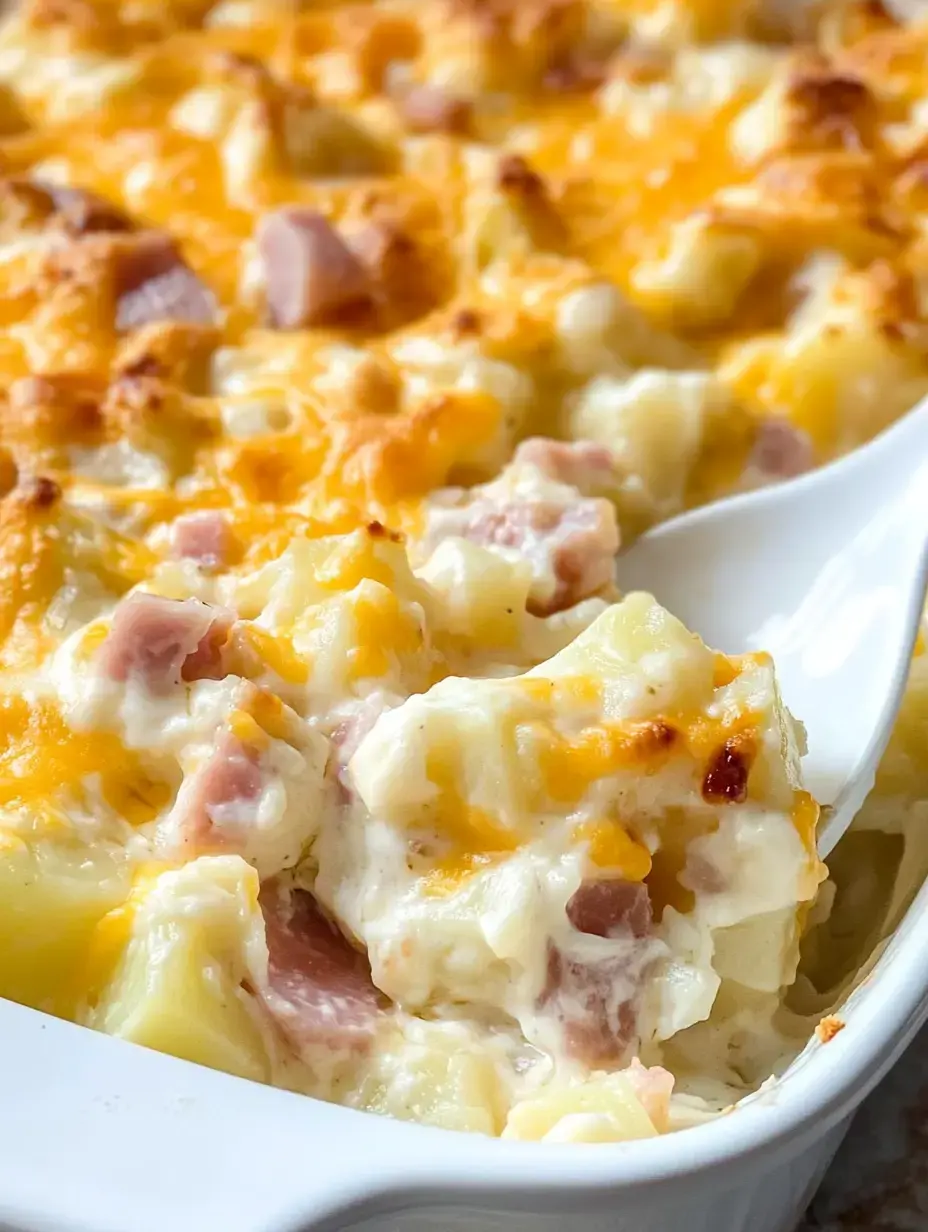 A creamy potato and ham casserole topped with melted cheese.