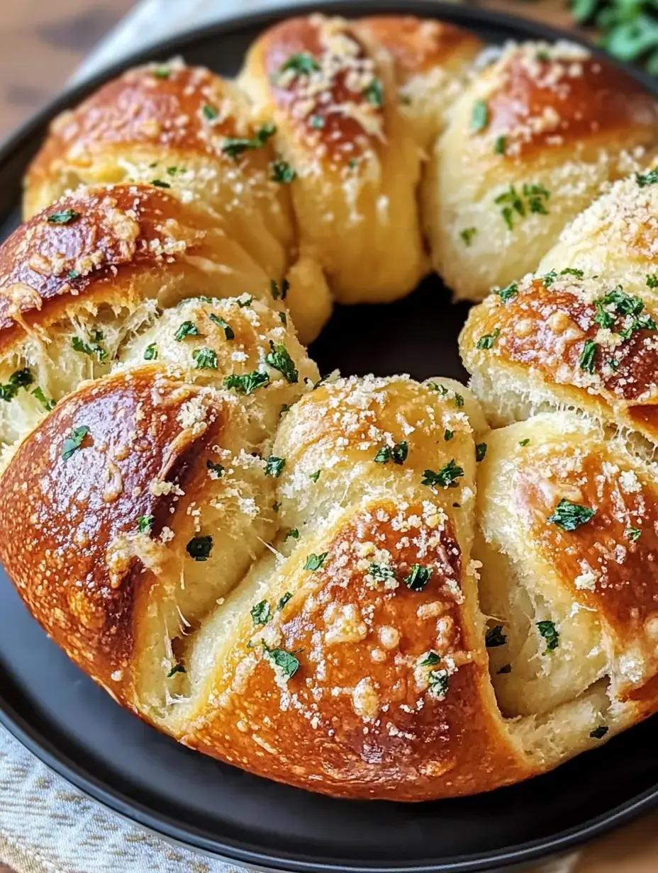 A freshly baked garlic and herb bread ring topped with melted cheese and parsley sits on a black plate.