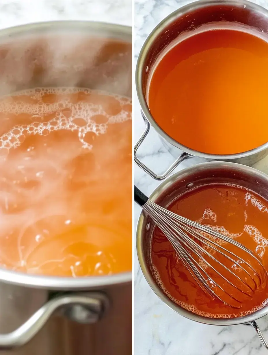 A split image shows a bubbling pot of orange liquid on the left and a second pot with a smooth, darker orange liquid and a whisk on the right.