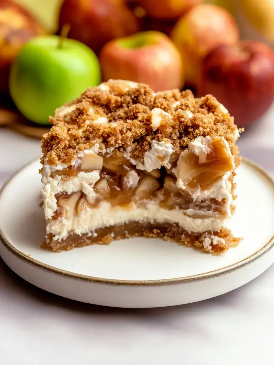 A slice of dessert featuring layers of creamy filling, apples, and a crumbly topping, placed on a white plate with a blurred background of assorted apples.