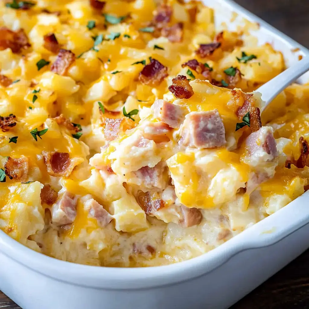 A creamy casserole with diced potatoes, ham, cheese, and crispy bacon, topped with parsley.