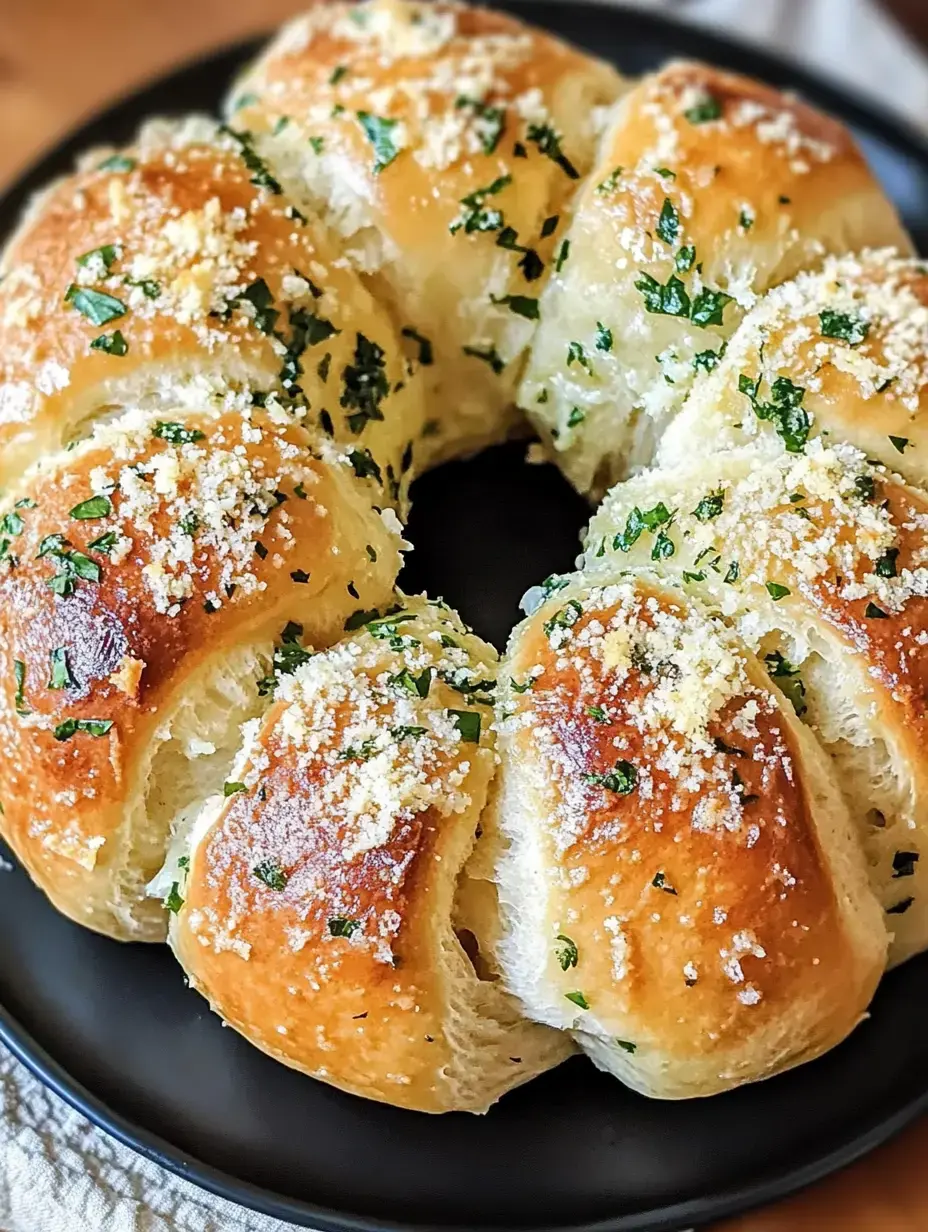 A golden-brown, savory pull-apart bread topped with herbs and grated cheese, presented in a circular shape on a black plate.