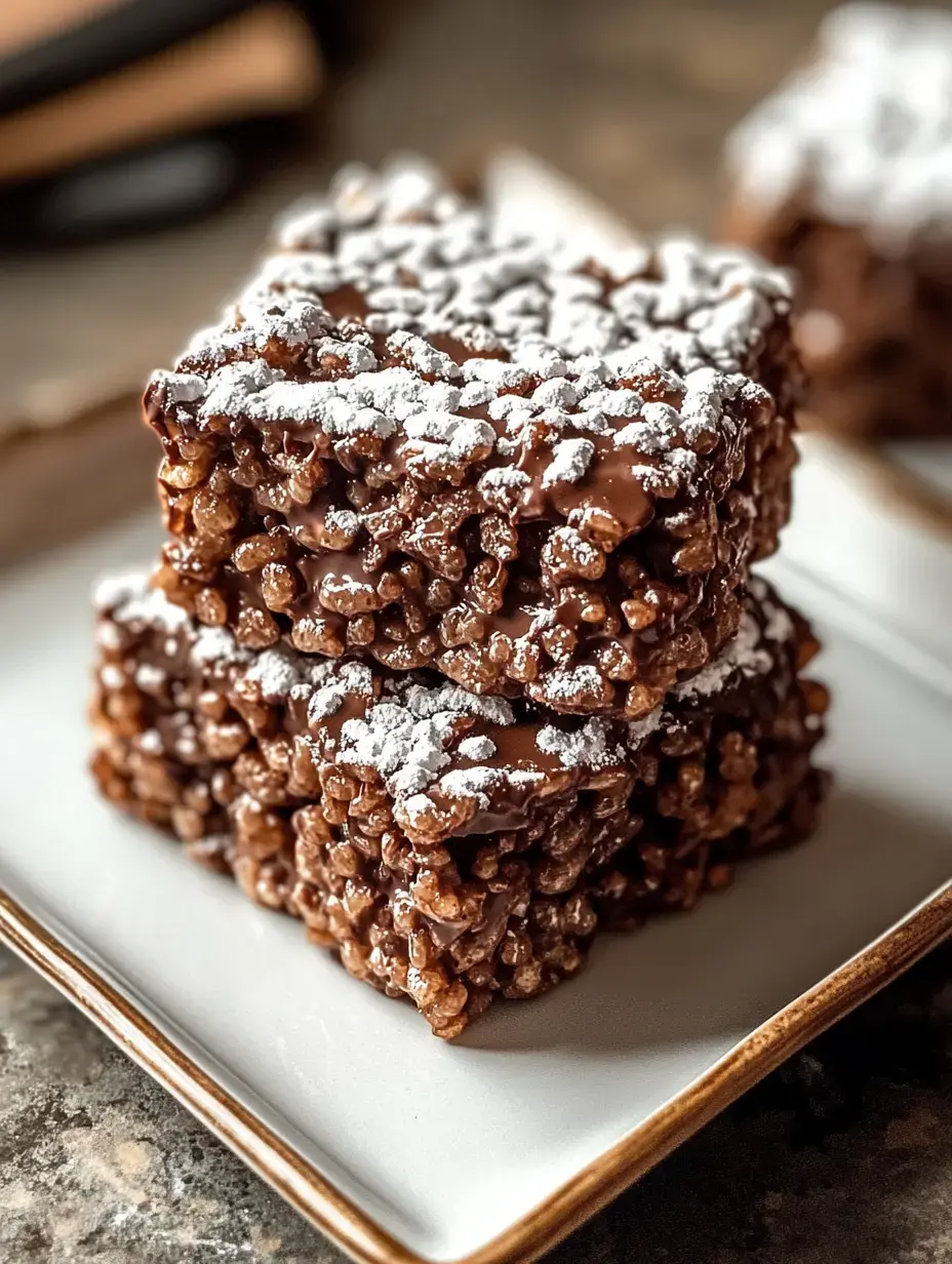 A plate stacked with chocolate-covered Rice Krispies treats dusted with powdered sugar.