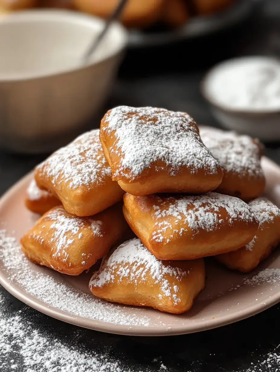 A plate of golden, powdered sugar-dusted beignets sits against a dark background, with additional sugar and a bowl in the background.