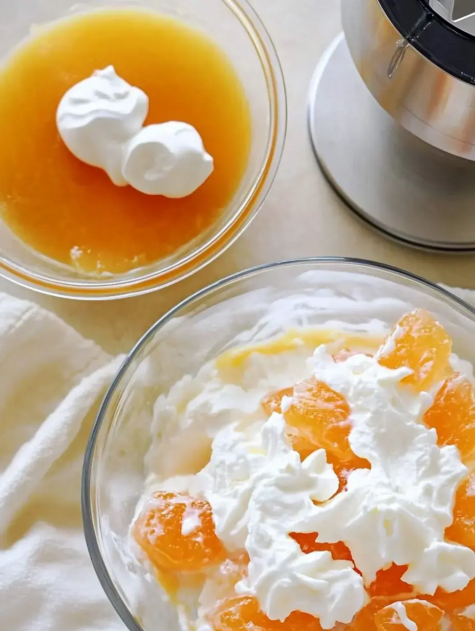 A bowl of creamy dessert topped with orange gelatin cubes and whipped cream, accompanied by another bowl of gelatin with additional whipped cream.