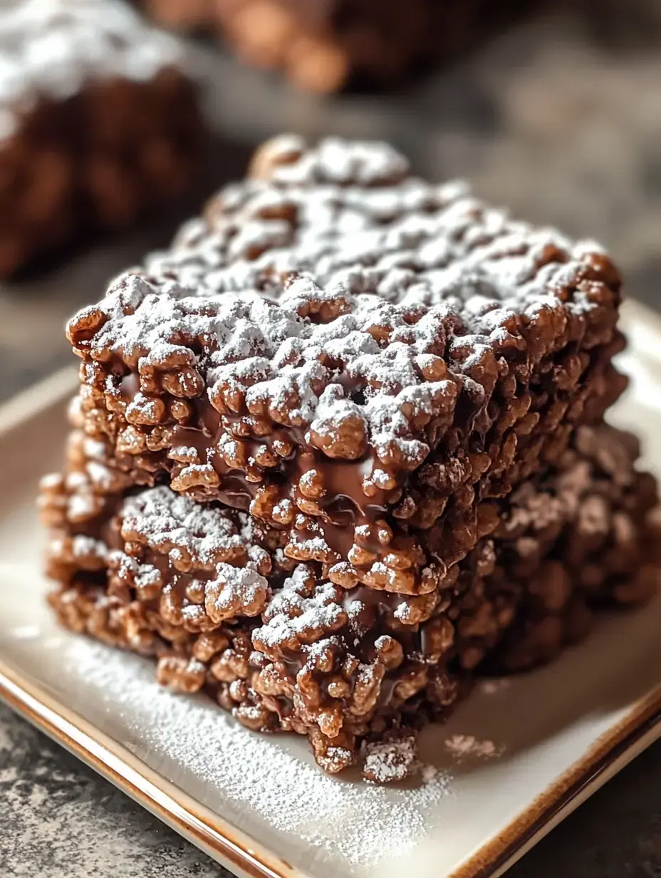 A close-up of three stacked chocolate crispy treats dusted with powdered sugar on a plate.