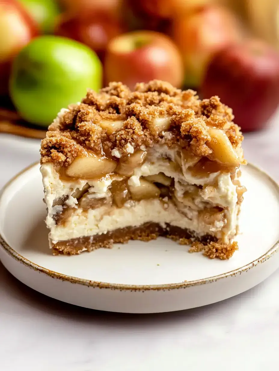 A slice of apple cheesecake topped with crumbly streusel is served on a white plate, with fresh apples in the background.