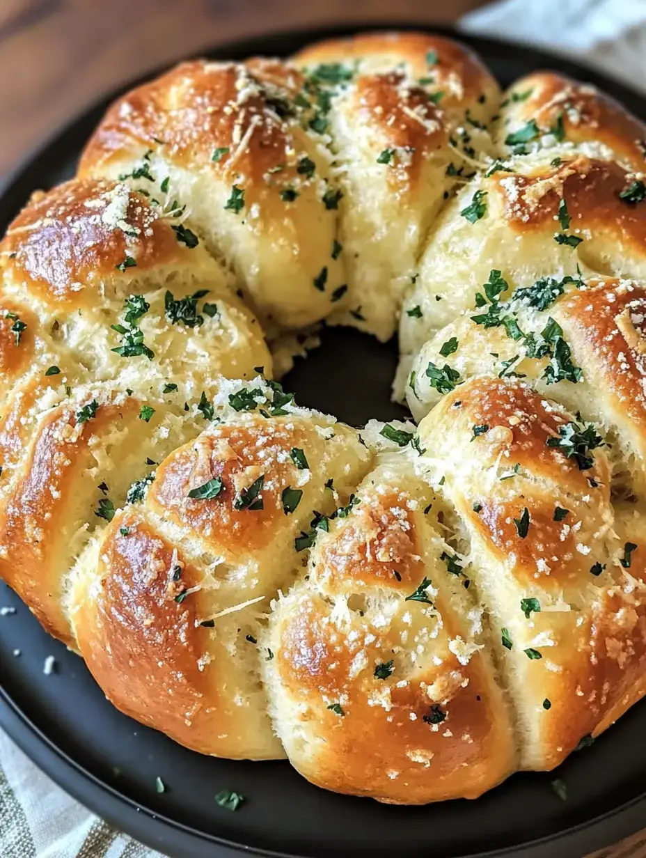 A golden, fluffy garlic bread wreath topped with parsley and grated cheese on a black plate.