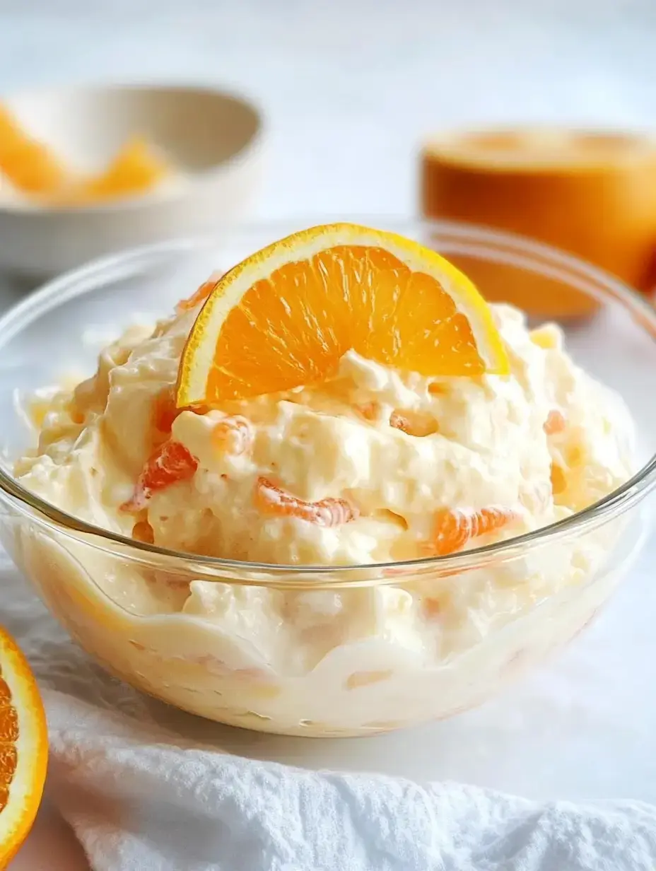 A bowl of creamy fruit salad topped with a slice of orange, surrounded by fresh orange segments.