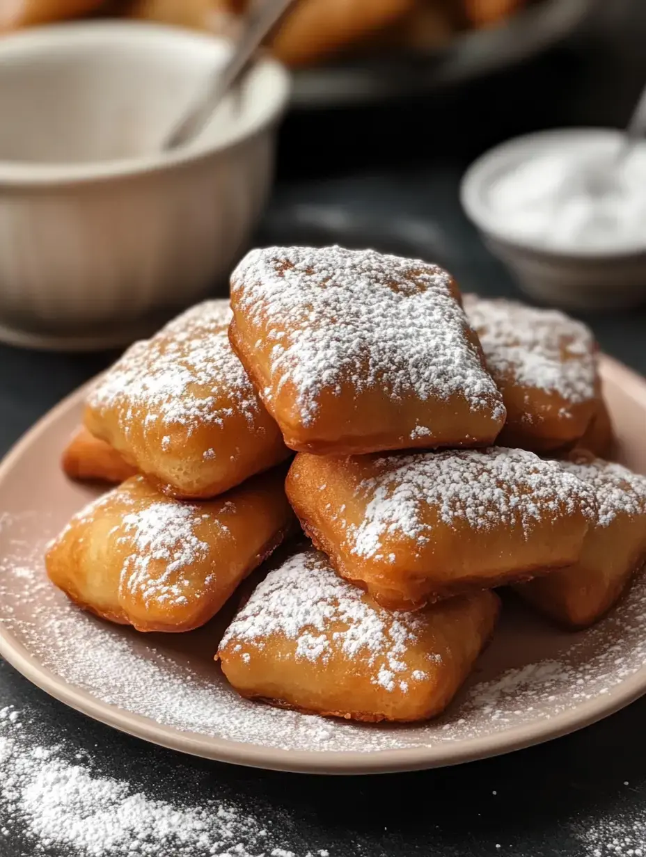 A plate of golden-brown pastries dusted with powdered sugar, stacked and ready to serve.