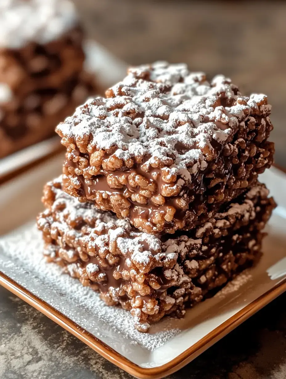 A stack of chocolate-covered crispy rice treats dusted with powdered sugar on a white plate.