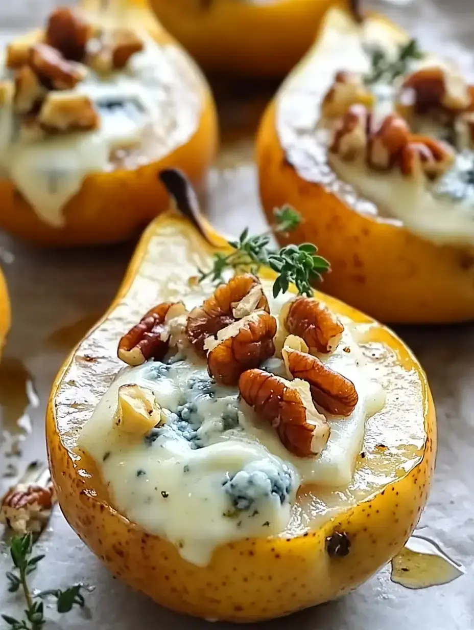 Baked pear halves topped with blue cheese, walnuts, and fresh thyme.