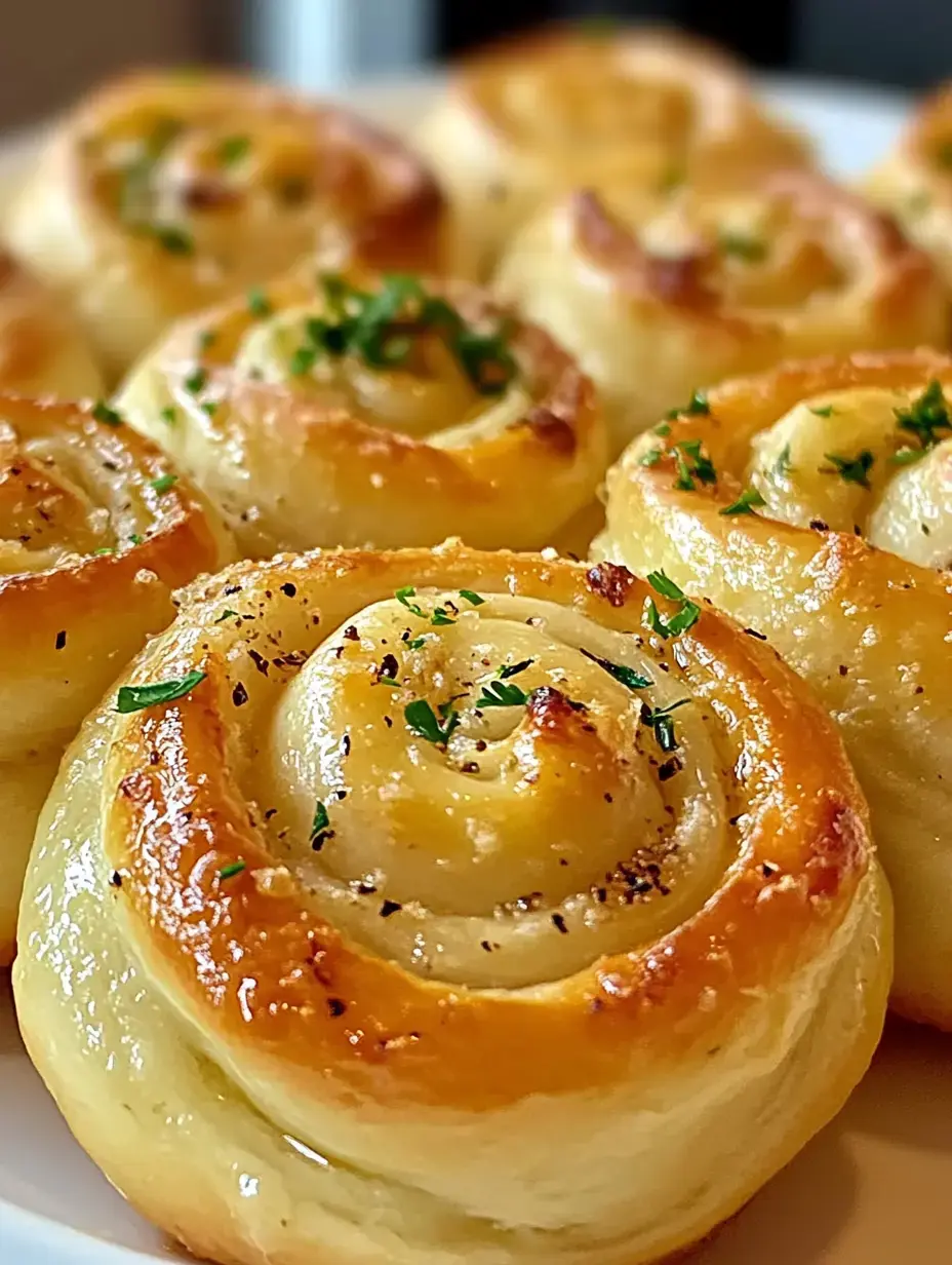 A close-up of freshly baked, golden-brown spiral rolls topped with parsley and pepper.