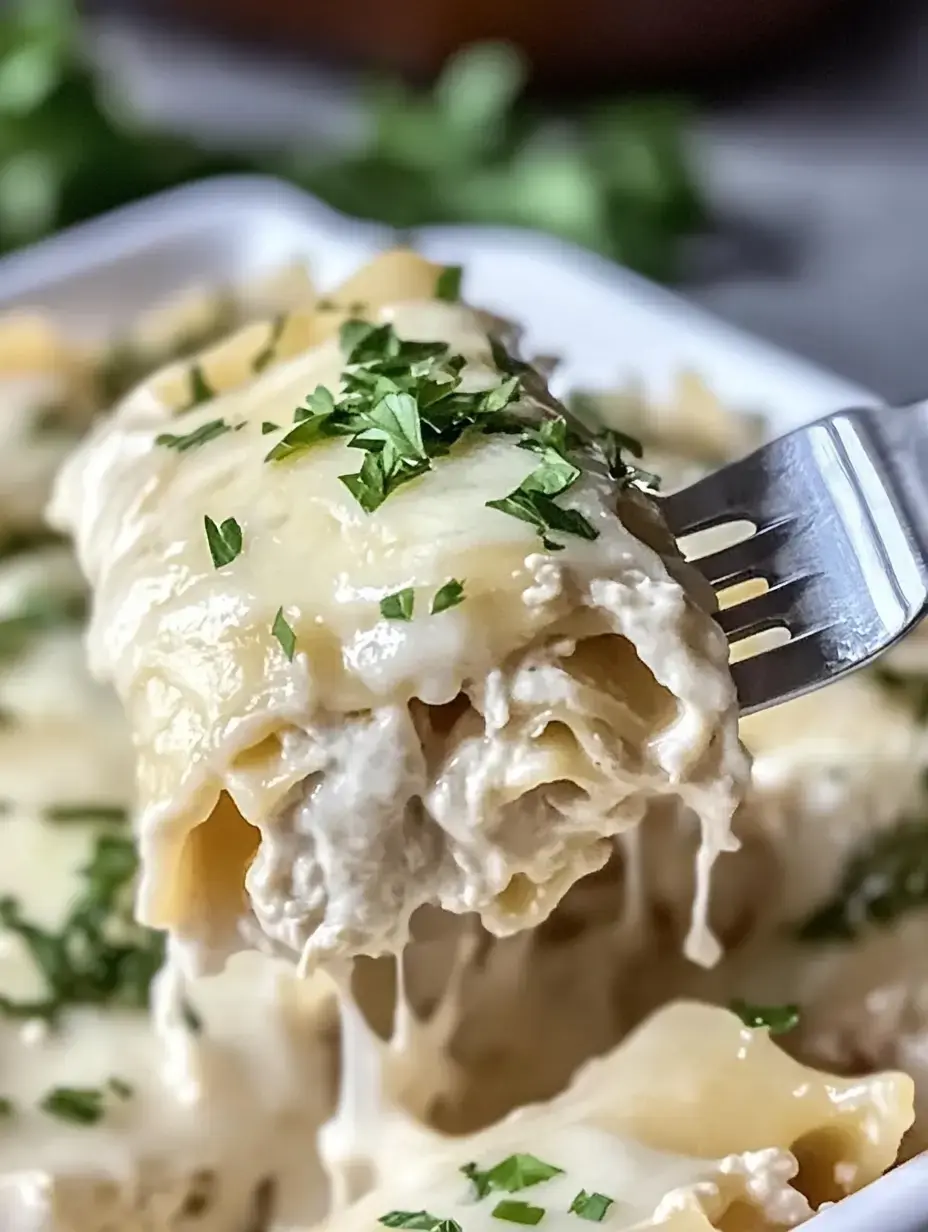 A fork lifts a cheesy, creamy stuffed pasta with parsley sprinkled on top.