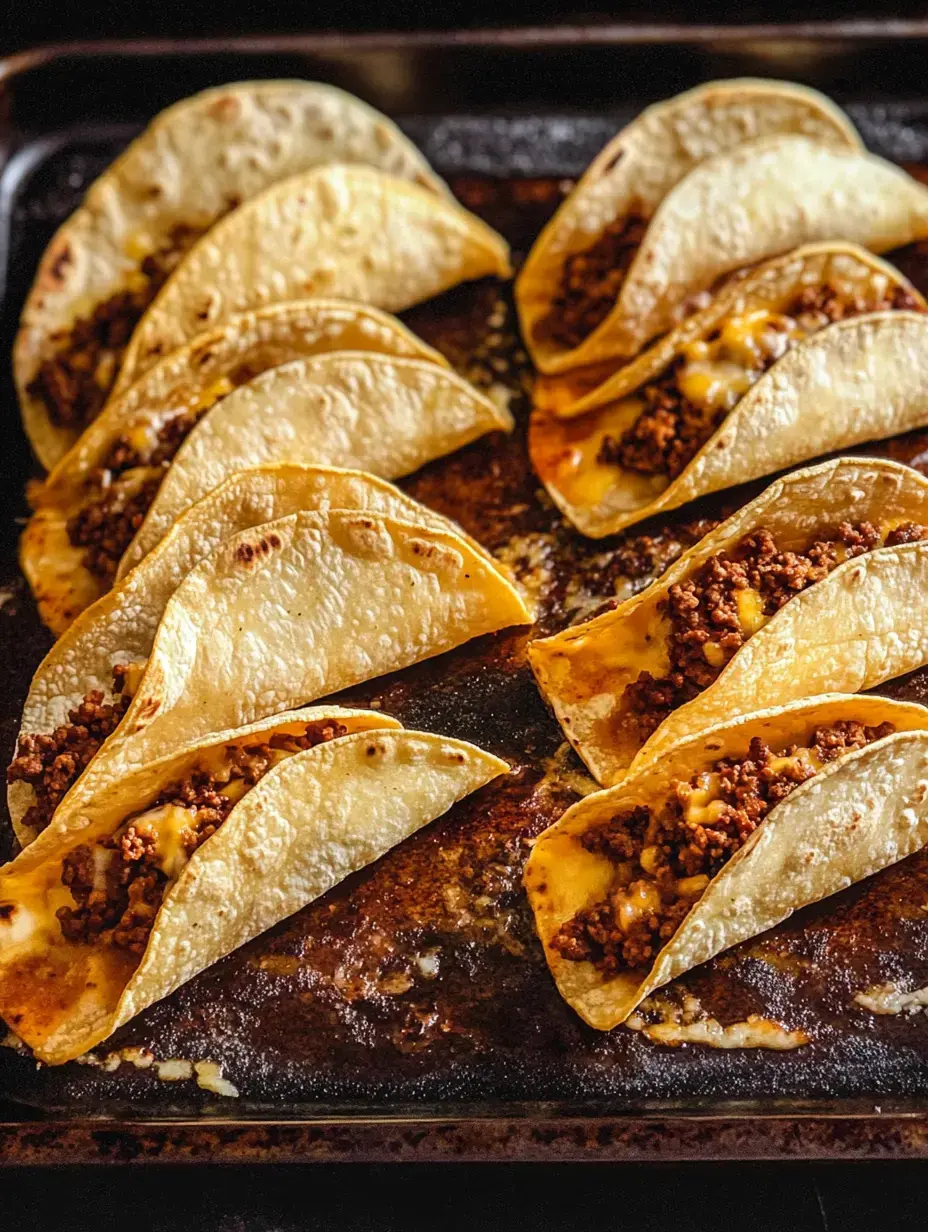 A tray of golden corn tacos filled with seasoned ground meat and melted cheese.