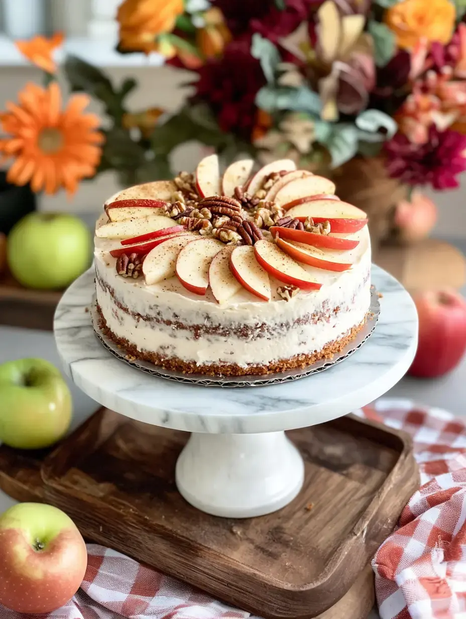 A beautifully decorated cake topped with apple slices and pecans, displayed on a marble cake stand, surrounded by fresh apples and vibrant flowers.