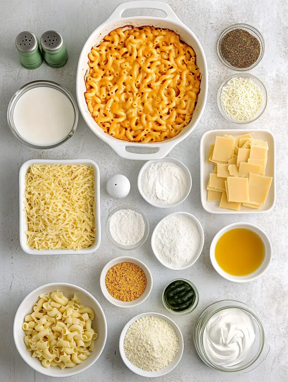 An overhead view of a countertop featuring ingredients for macaroni and cheese, including a baked dish of macaroni, various cheeses, milk, flour, spices, and condiments arranged in bowls.