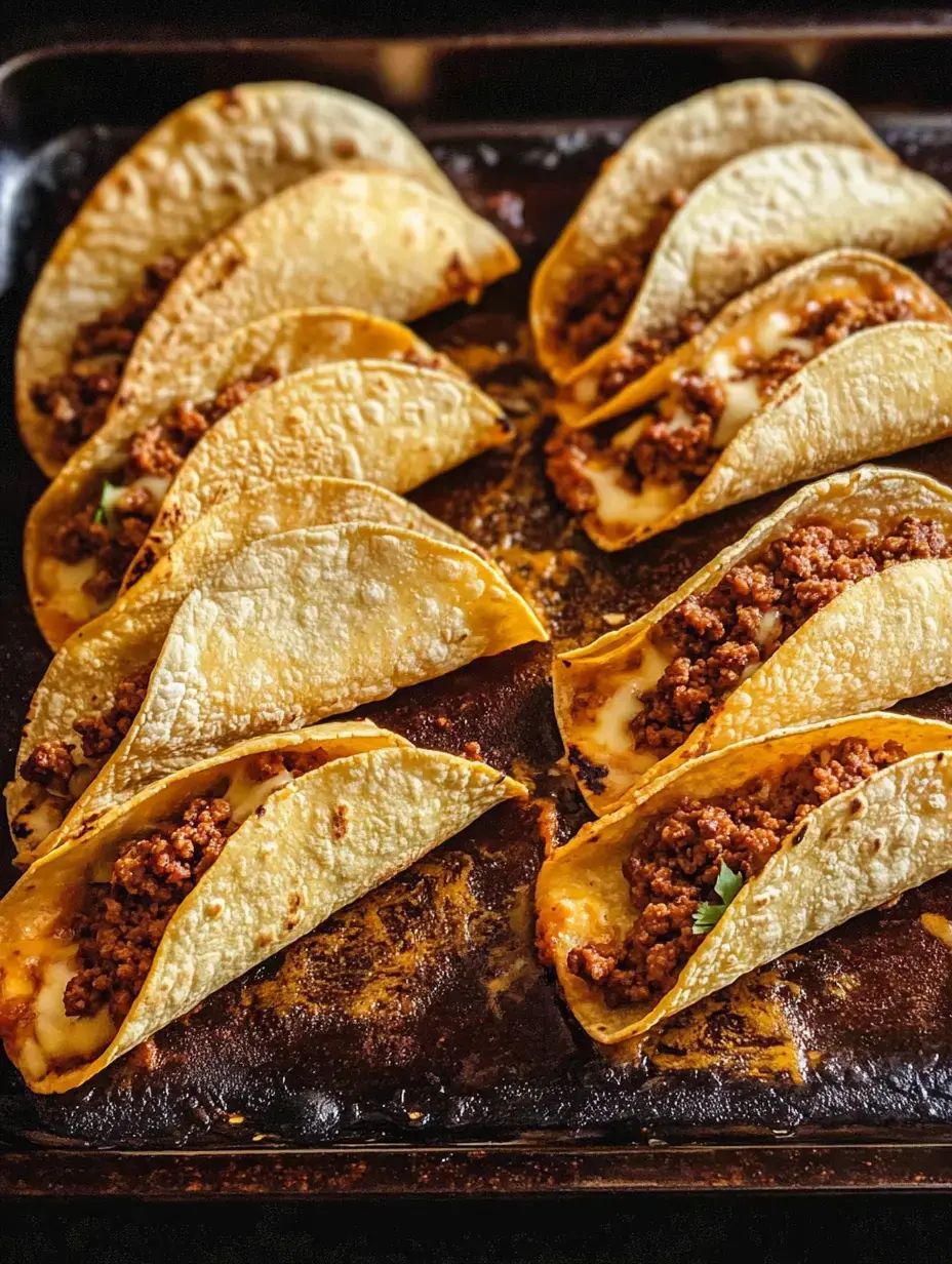 A tray of cheesy tacos filled with seasoned ground meat is displayed, with the tacos arranged in a row.