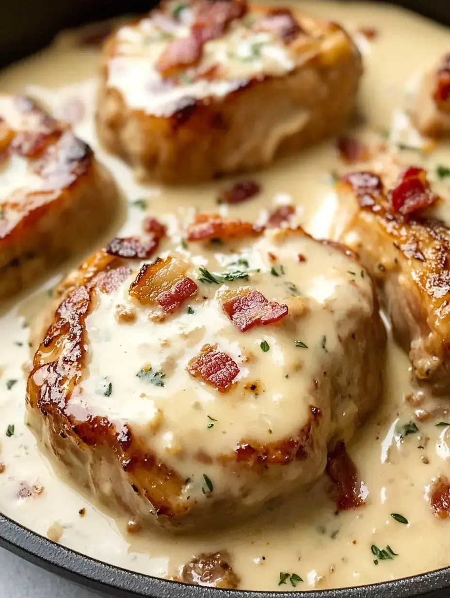 Pork chops cooked in a creamy sauce, topped with crispy bacon and herbs, served in a skillet.