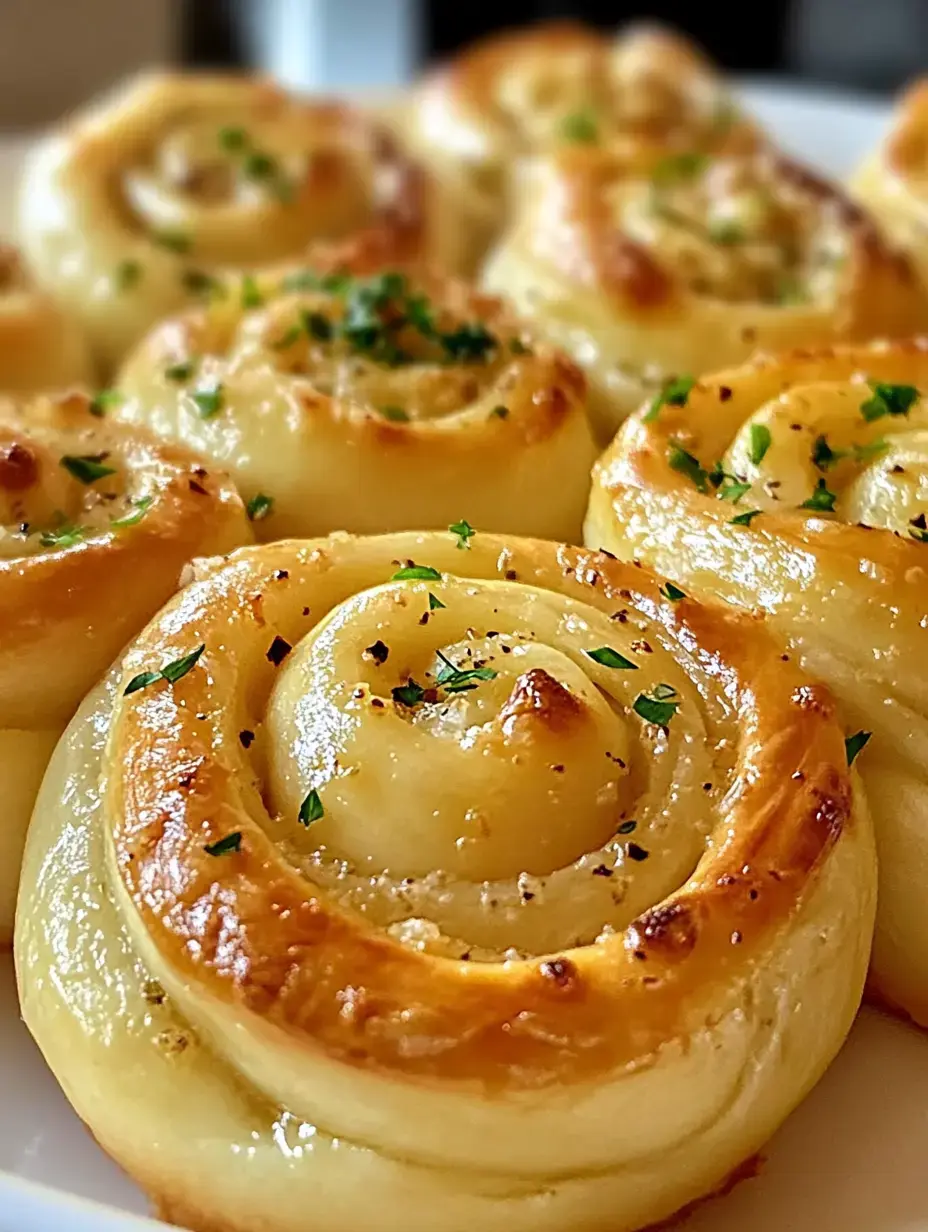 A close-up of freshly baked, golden-brown garlic rolls topped with parsley on a white plate.