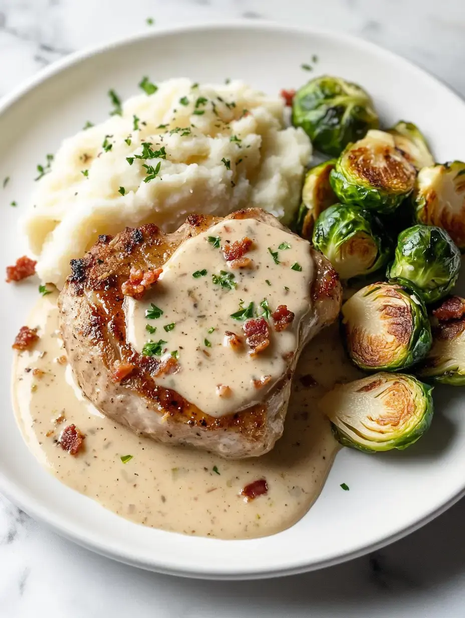 A plate of creamy pork chop topped with sauce, served alongside mashed potatoes and roasted Brussels sprouts.