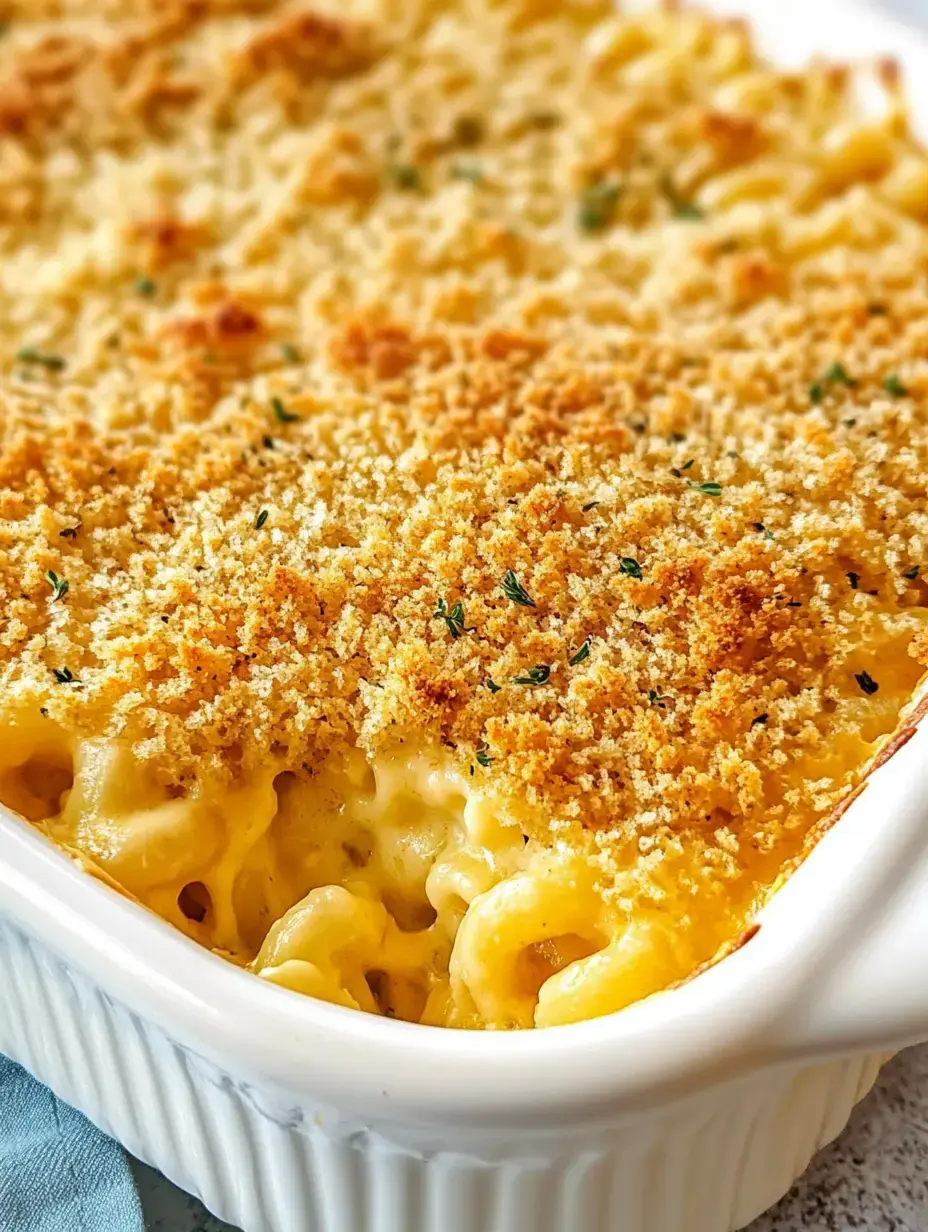 A close-up view of a creamy macaroni and cheese dish topped with a golden, crunchy breadcrumb layer.