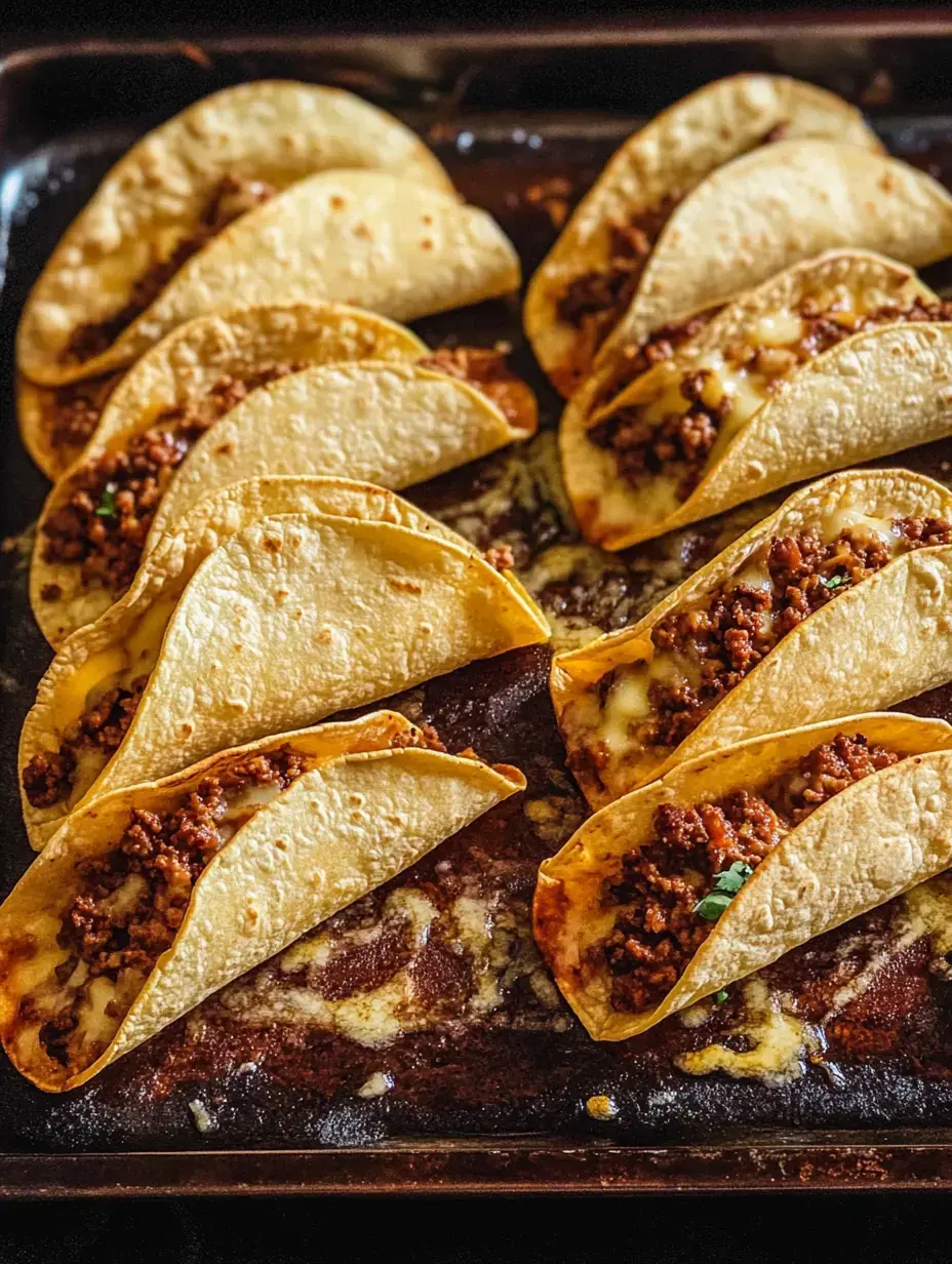 A tray of baked tacos filled with seasoned meat and melted cheese.