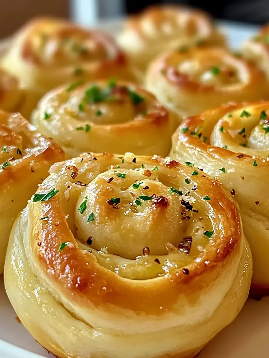 A close-up of golden, fluffy garlic rolls garnished with chopped herbs, displayed on a white plate.