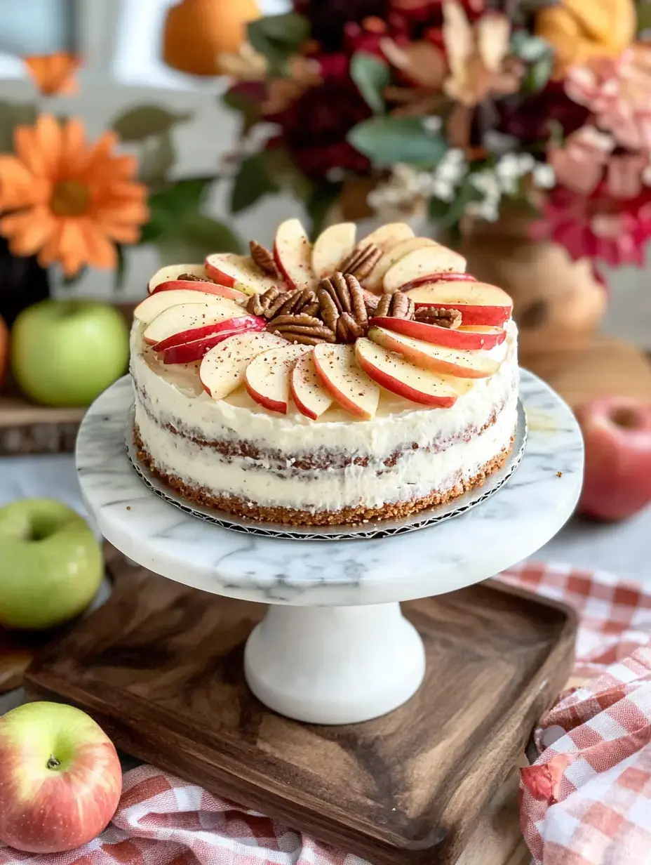 A beautifully decorated cake topped with apple slices and pecans, displayed on a marble pedestal, surrounded by colorful autumn-themed decorations and fresh apples.