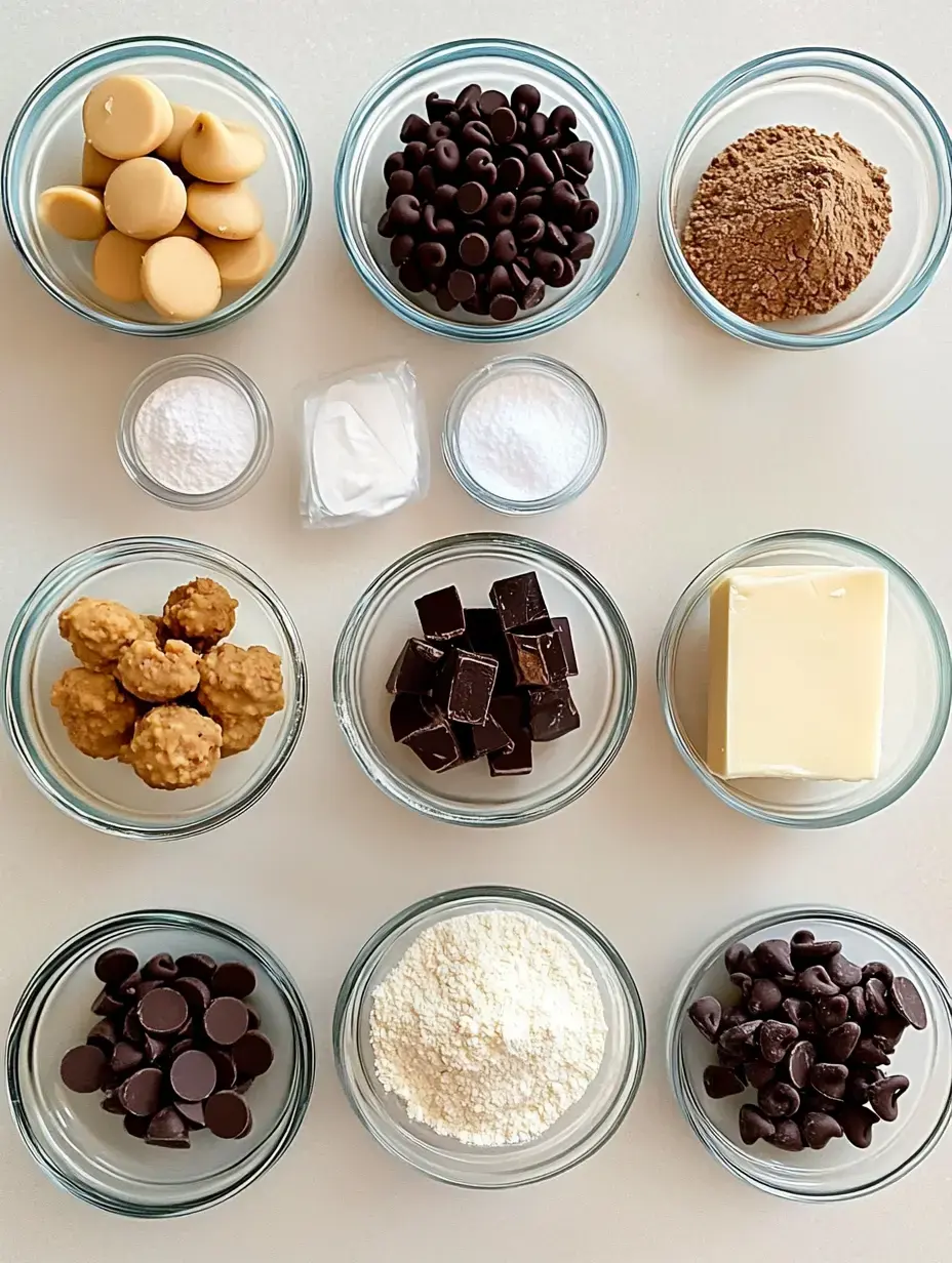 A flat lay arrangement of various baking ingredients in clear glass bowls, including chocolate chips, cocoa powder, flour, sugar, peanut butter, and butter.