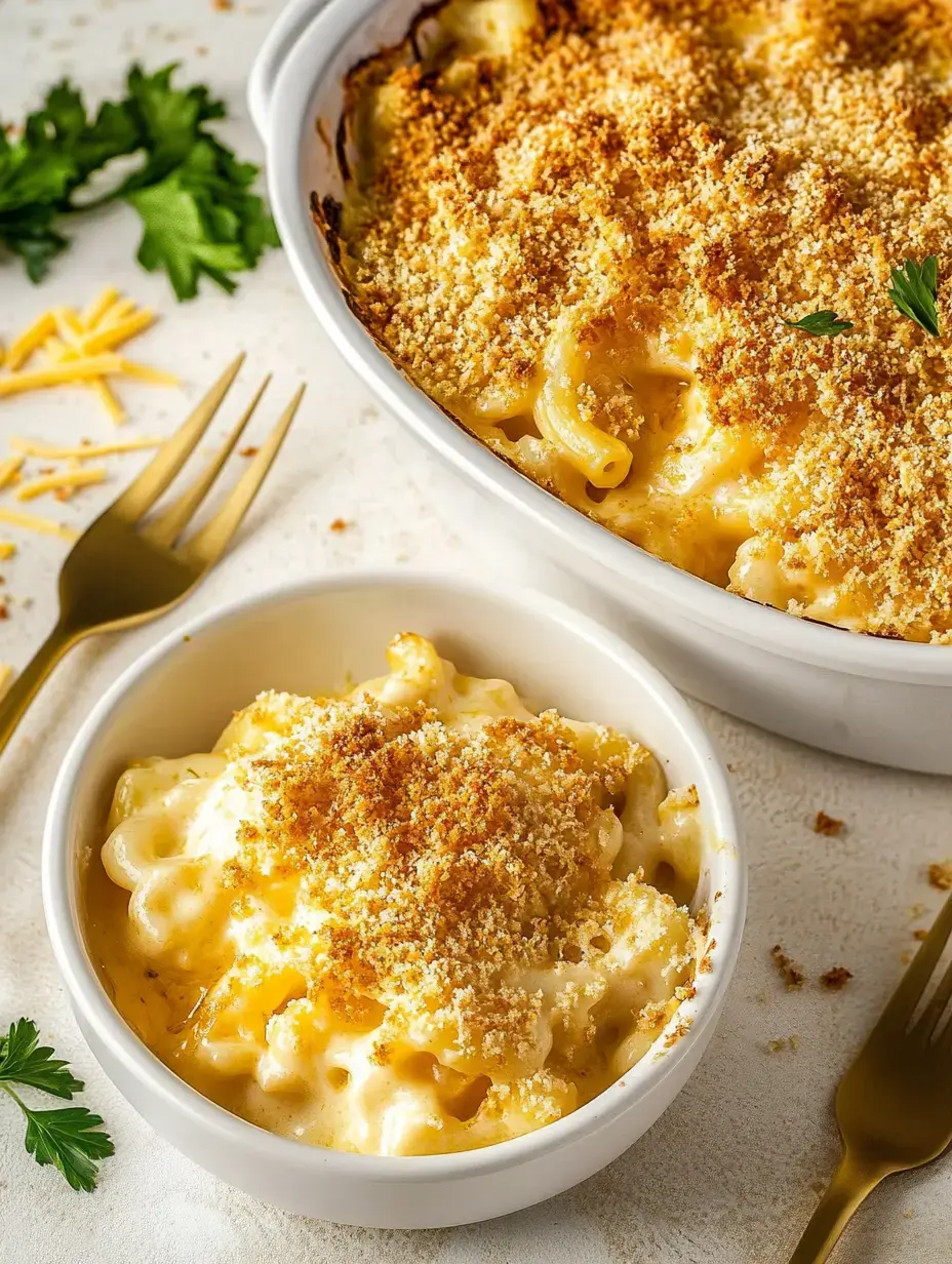 A baked macaroni and cheese dish topped with golden breadcrumbs is displayed alongside a serving in a bowl, garnished with parsley.