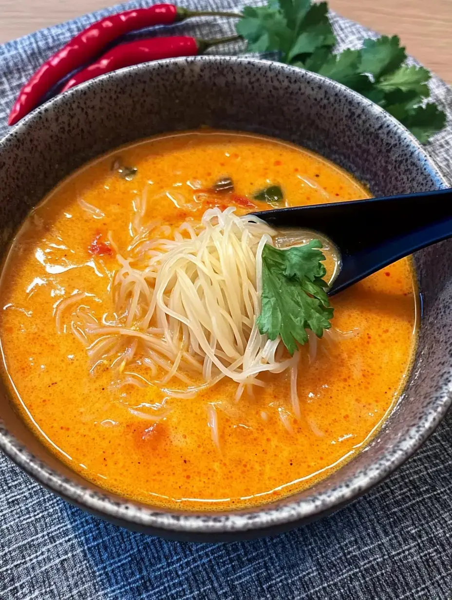 A bowl of creamy, orange-colored soup with rice noodles and a sprig of cilantro, accompanied by red chili peppers in the background.