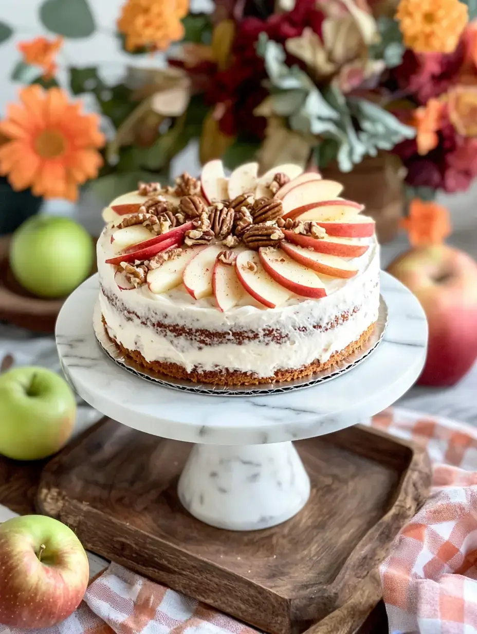 A beautifully decorated cake topped with apple slices and pecans, set on a marble cake stand amidst colorful flowers and fresh apples.