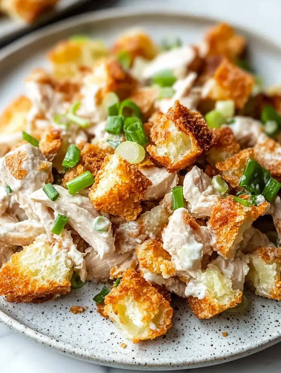 A plate of creamy shredded chicken salad topped with crunchy golden bread pieces and garnished with green onions.