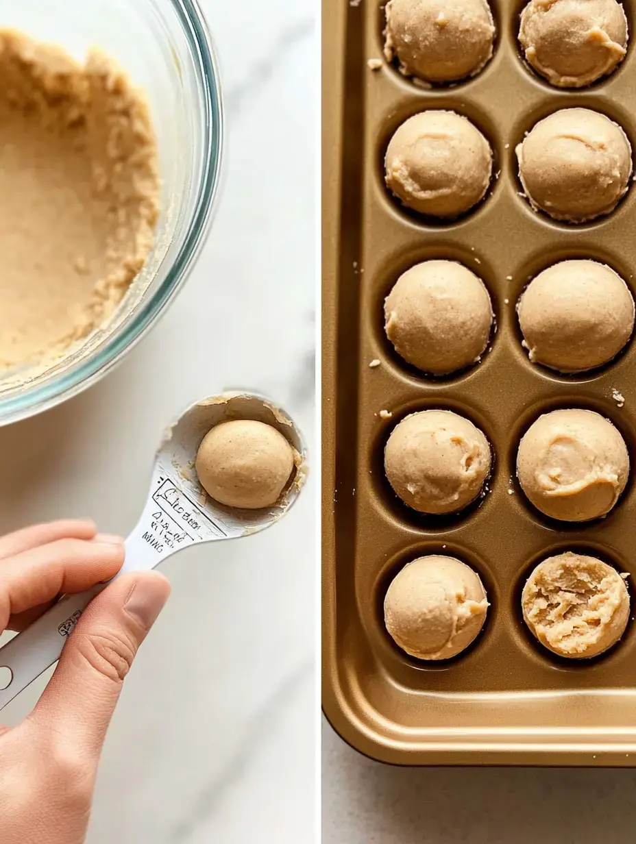 A person is holding a measuring spoon with cookie dough over a baking tray filled with dough balls.