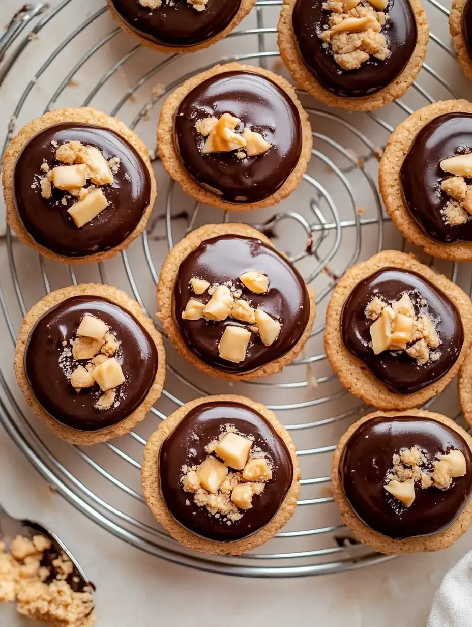 A close-up of round cookies topped with shiny chocolate icing and sprinkled with chopped nuts, arranged on a wire rack.