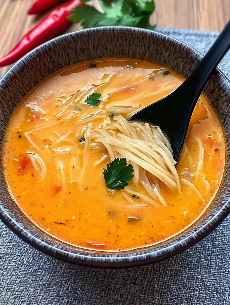 A bowl of creamy soup with noodles garnished with cilantro, accompanied by red chili peppers in the background.